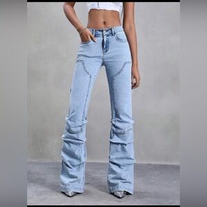 Jeanoix Casual Distressed Ruched Slim Fit Flare Leg Jeans Skinny Bootcut Jeans